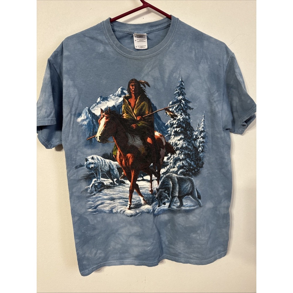 Y2K Gildan Native American Warrior Grey Wolves Graphic T-Shirt Medium